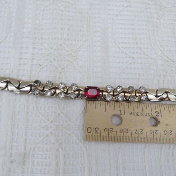Vintage Silver Toned C-Link Statement Necklace with Red and Clear Rhinestones - Picture 7 of 9